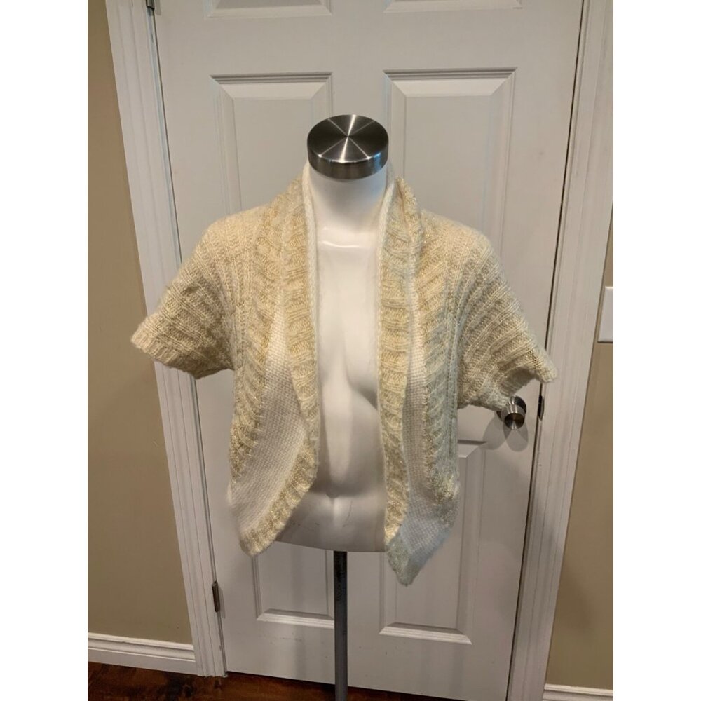 Sleeping On Snow Cream & Metallic Striped Open Front Cardigan, Size Medium